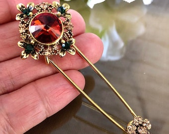 Art Deco Crystal Rhinestone Safety Pin Brooch for Clothing & Accessories, Floral safety pin, Gift