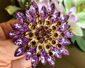 Broche grande de pedrería de cristal, broche púrpura, joyería de estilo vintage, regalos para ella