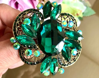 Grande broche ou pendentif en strass cristal, broche verte, bijoux de style vintage, cadeaux pour elle