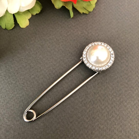 Pearl Rhinestone Brooch Pin, Large Safety Pin, Vin