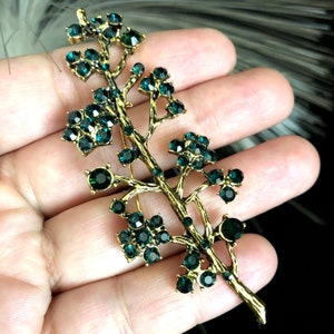 Large floral rhinestone brooch, Dark green brooch pin, Vintage style jewelry, Gifts for her