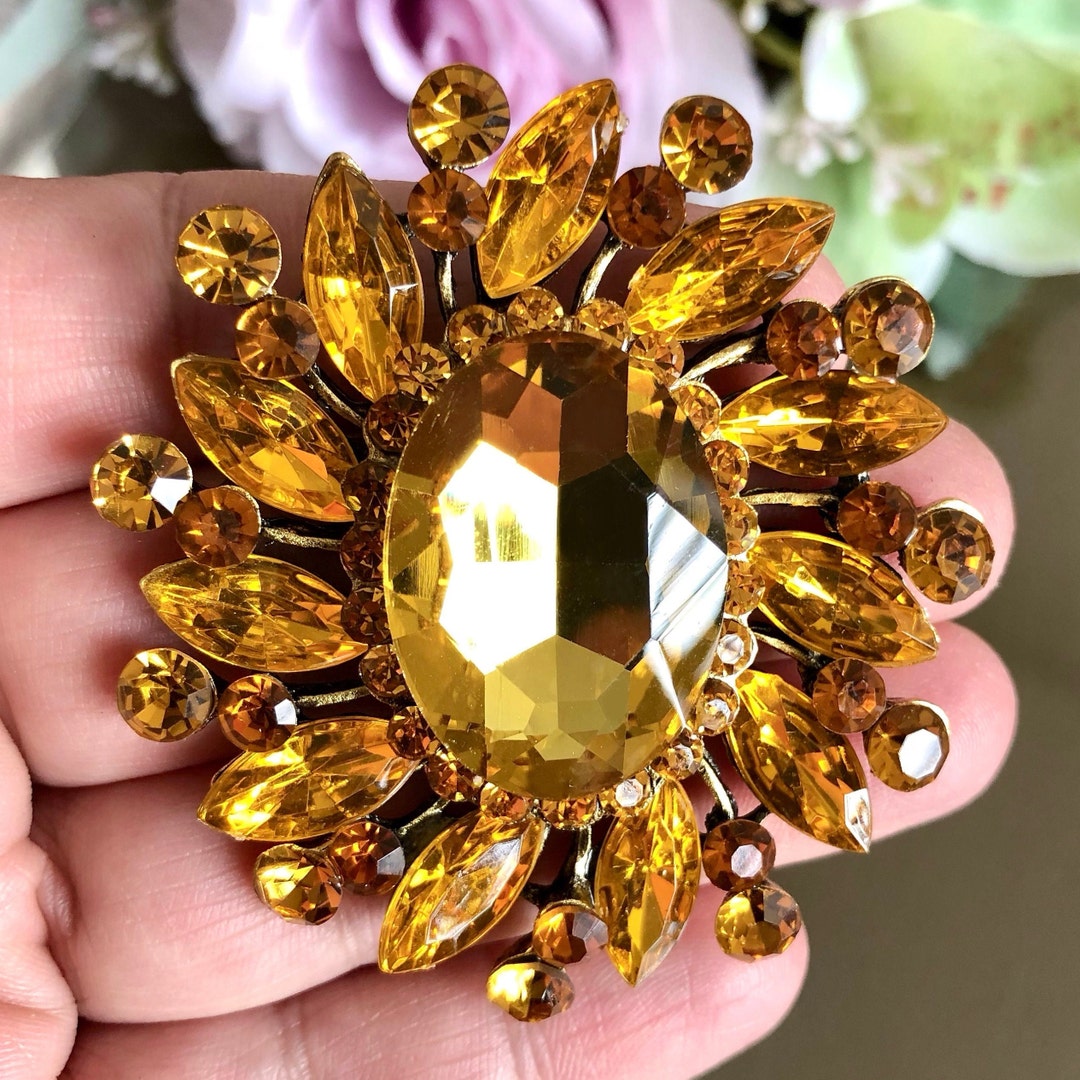 Große Kristall Strass Brosche, Gelb Vintage Stil Schmuck