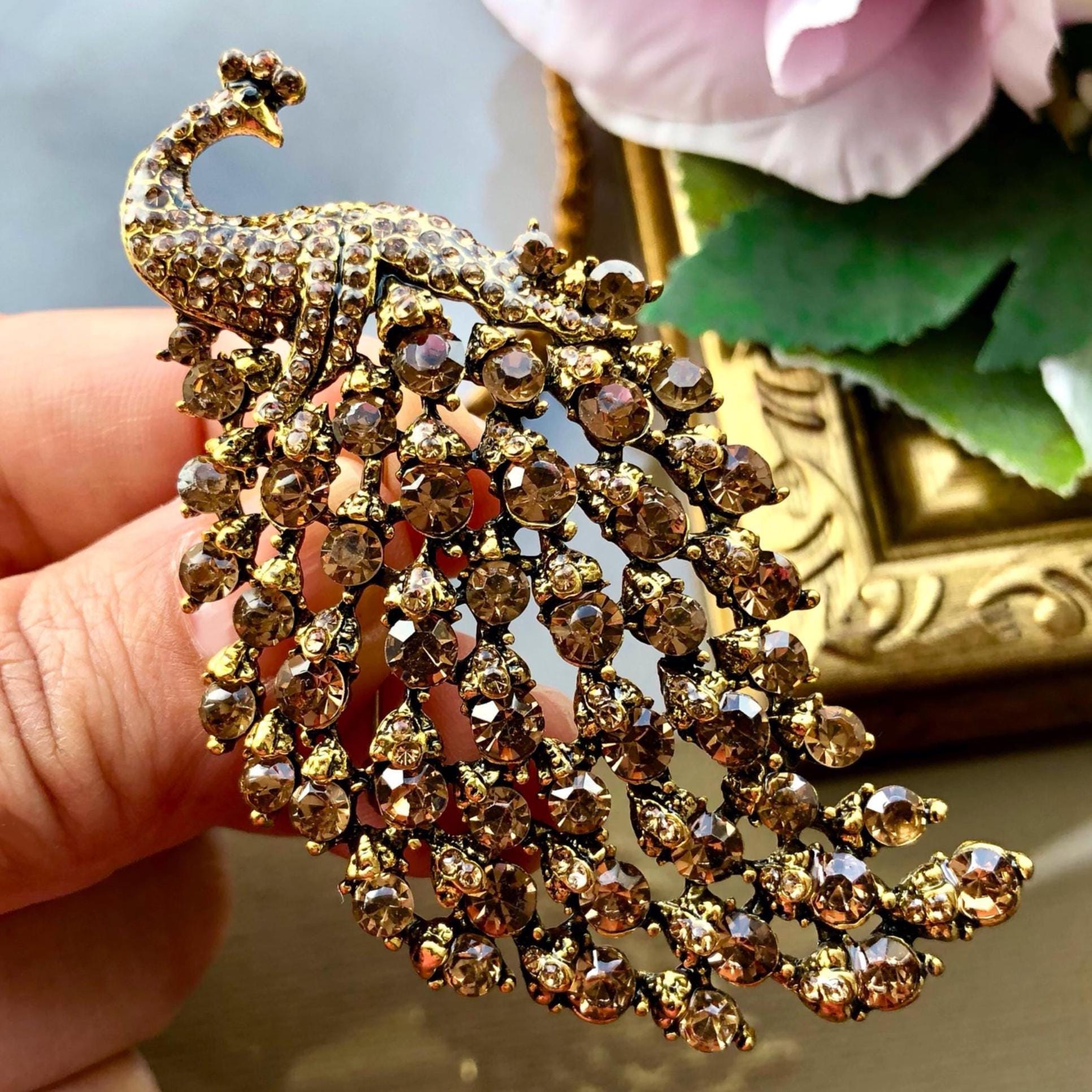 Vintage Green Navette Rhinestone Peacock Brooch – Antique Bird Costume Jewelry