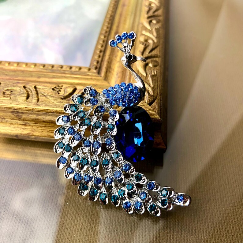 Broche Paon Vintage En émail Et Strass - Plumage Bleu, Vert, Rouge - Doré