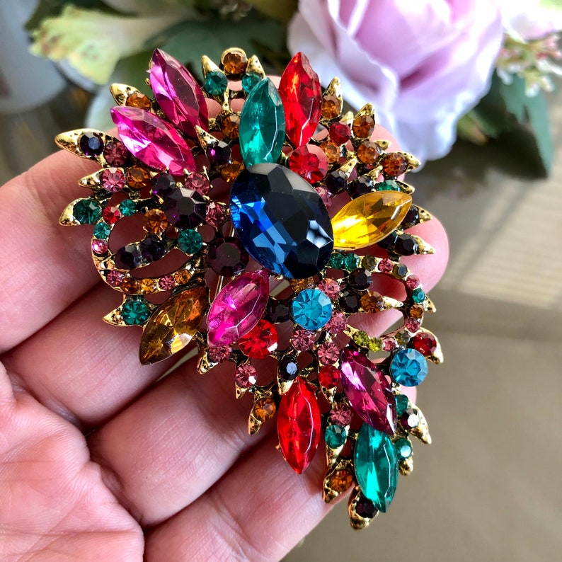 Große Kristall Strass Brosche, Kleurrijge Brosche, Vintage Stil Schmuck, Geschenke für sie Bild 7