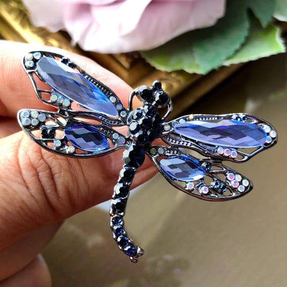 Blue Crystal Rhinestone Dragonfly Brooch: Vintage Insect Jewelry