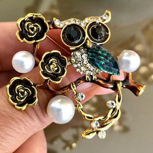 Owl brooch pin, Crystal pearl rhinestone brooch, Bird brooch, Costume Jewelry for Men or Women, Bird jewellery, Friend gift