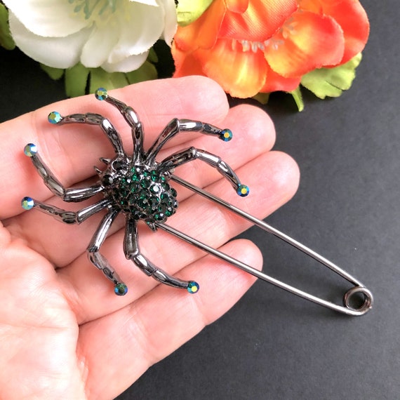 Large Safety Pin Navy Spider Brooch, Spider Brooch