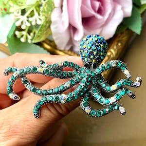 Spilla a forma di polpo, spilla a forma di vita marina in cristallo, gioielli a forma di polpo, regalo a forma di polpo, spilla o ciondolo verde-blu