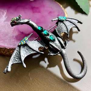 Dragon Brooch, Flying Dragon Pin, Green Rhinestone Brooch, Vintage Style Jewelry, Dragon Gift, Fantasy Lover Gift, Mythical Creature Jewelry
