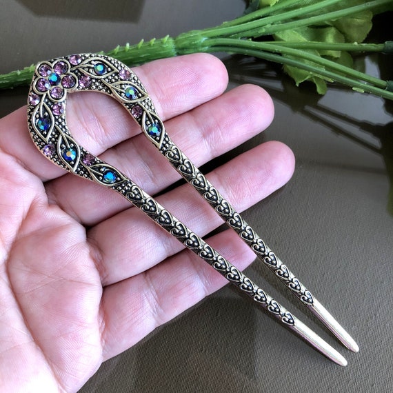 Vintage Rhinestone Hair Stick: Crystal Bun Holder, French  display picture 1