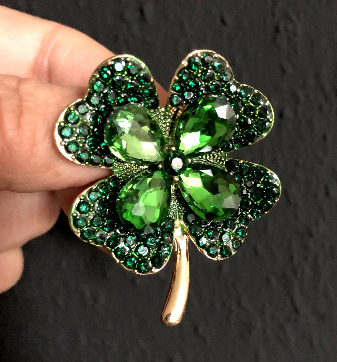 Four Leaf Clover Brooch, Crystal Rhinestone Floral Pin Brooch, Green ...