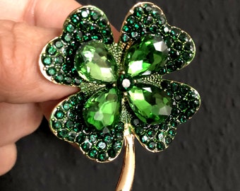 Four leaf clover brooch, Crystal rhinestone floral pin brooch, Green brooch pin, Vintage style jewelry, Gifts for her