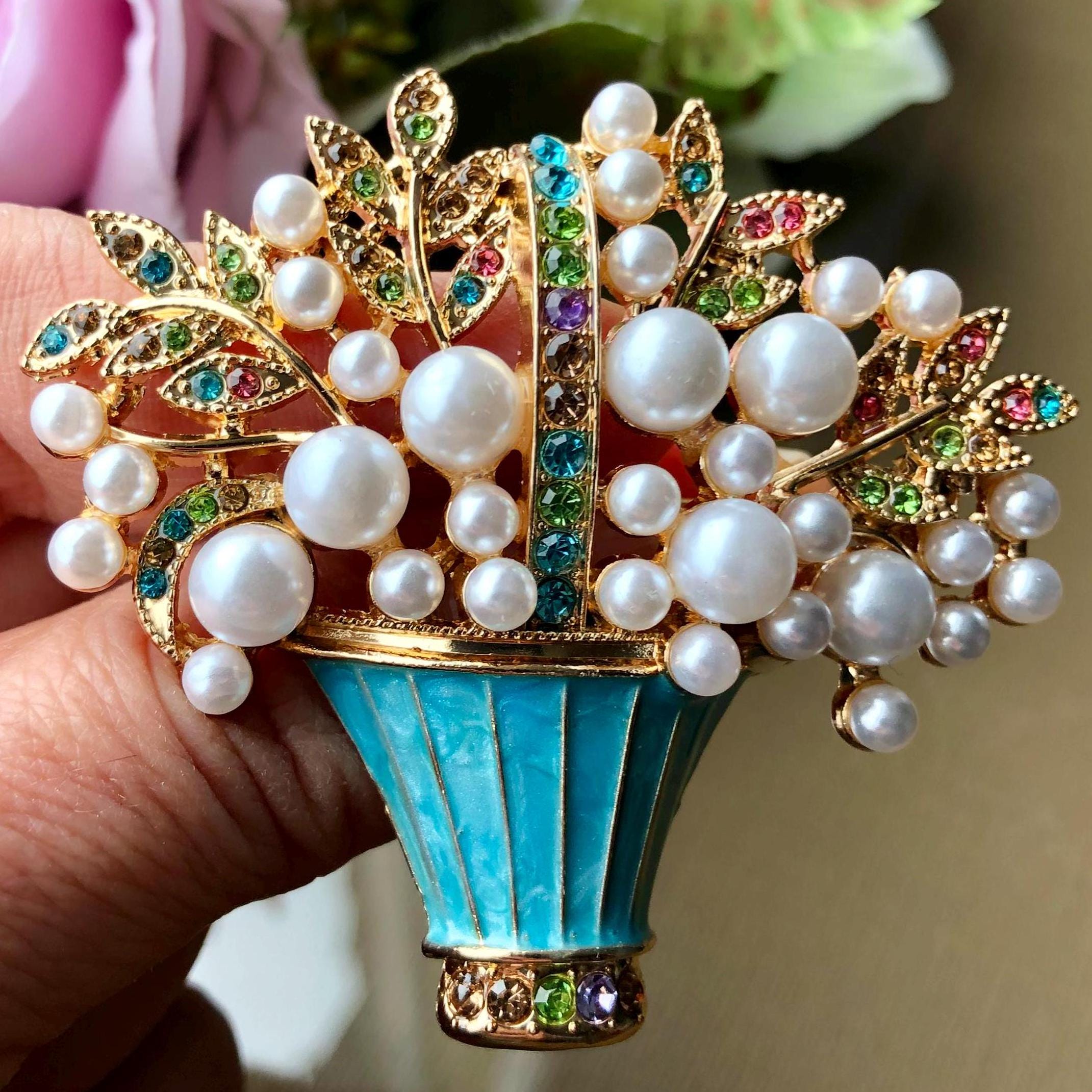 Broche Vintage Fleur Cristal Rose Sur Métal Doré - Bijou Fantaisie - Occasion