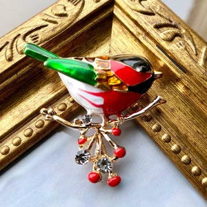 Bird Pin Brooch, Rhinestone Bird Jewelry, Gold tone Enamel Rhinestone, Small Bird Brooch, Gift For Women or Men