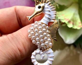 Emaille Seepferdchen Brosche: Perle Ozean Schmuck, Geschenkideen