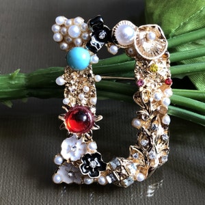 Letter D Brooch Pin, Initial Monogram Brooch, Large Brooch, Floral Brooch, Big Brooch, Crystal Brooch, Letter Jewelry Gift