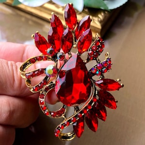 Large crystal rhinestone brooch pin, Red vintage style jewelry, Gifts for her