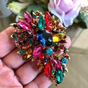 Large crystal rhinestone brooch, Kleurrijke brooch pin, Vintage style jewelry, Gifts for her 画像 8