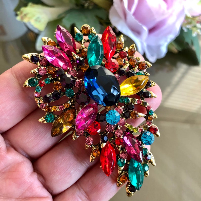 Große Kristall Strass Brosche, Kleurrijge Brosche, Vintage Stil Schmuck, Geschenke für sie Bild 8