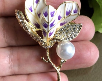 Floral enamel rhinestone brooch pin or pendant, Vintage style jewelry, Gift