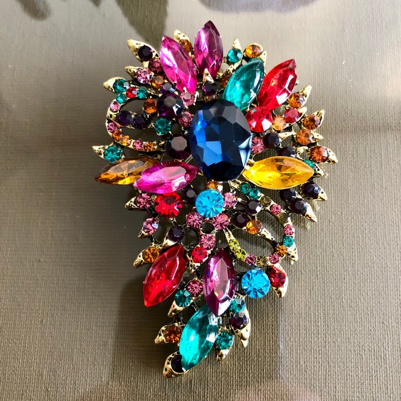Large crystal rhinestone brooch, Kleurrijke brooch pin, Vintage style jewelry, Gifts for her zdjęcie 5