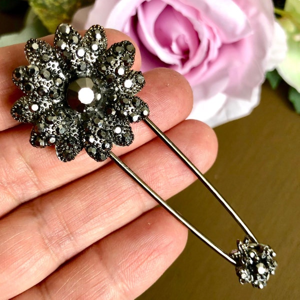 Floral Rhinestone Brooch Pin, Large Safety Pin, Vintage Style Jewelry, Vintage Style Safety Pin