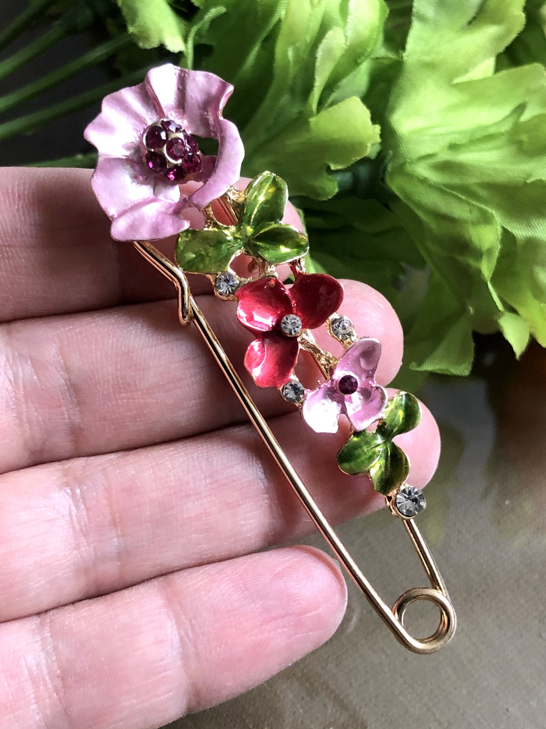 Buy Large Enamel Floral Safety Pin Brooch: Gold Tone Vintage Style Online  in India