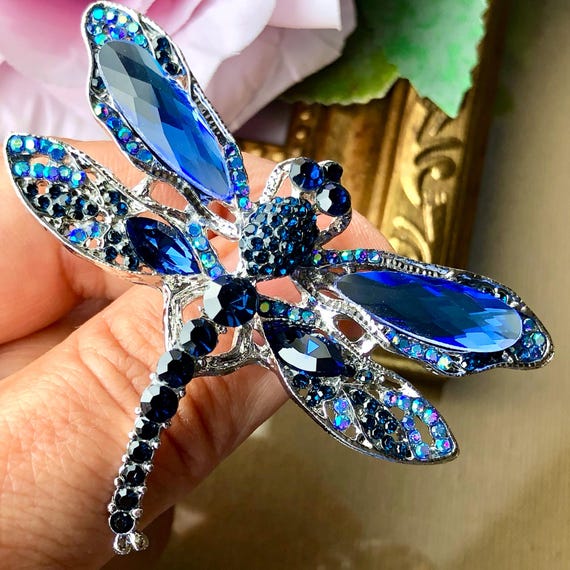 Blue Crystal Rhinestone Dragonfly Brooch, Dragonfly Pin, Dragonfly
