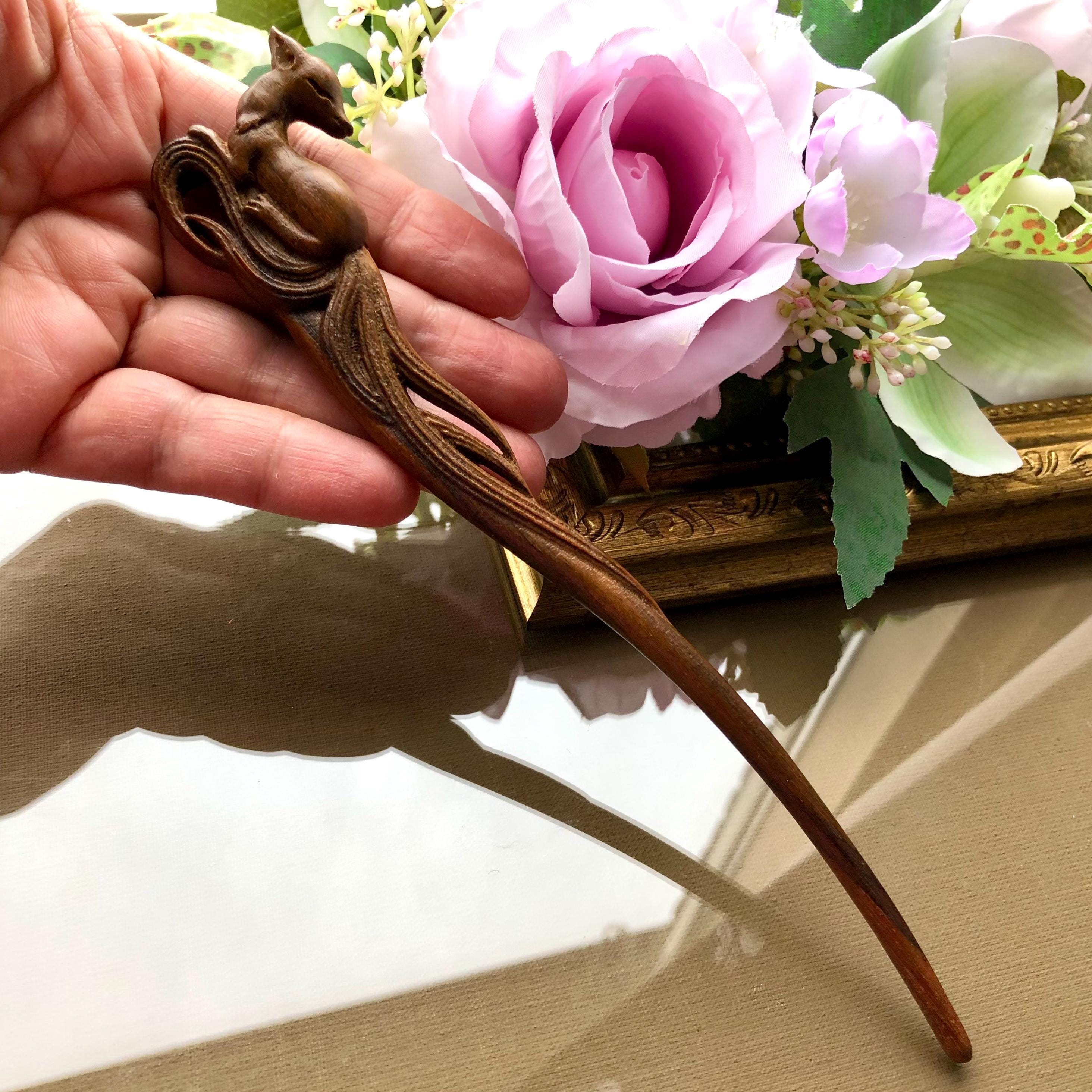 Holz-Haarnadeln Mit Lila Perlen – Blumen-Design, 18 Cm, Für Langes Haar