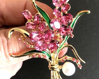 Crystal rhinestone floral pin brooch or pendant, Pink brooch pin, Vintage style jewelry, Gifts for her