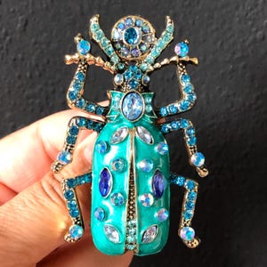 Large Enamel Beetle Brooch with Sparkling Crystal Rhinestones, Insect Jewelry Gift for Her, Statement Bug Pin