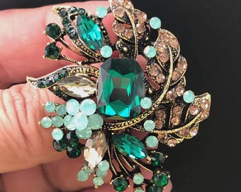 Broche floral de cristal verde con diamantes de imitación, joyería de estilo vintage, ideas para regalos.