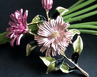 Large floral enamel brooch pin or pendant, Vintage style jewelry, Gift