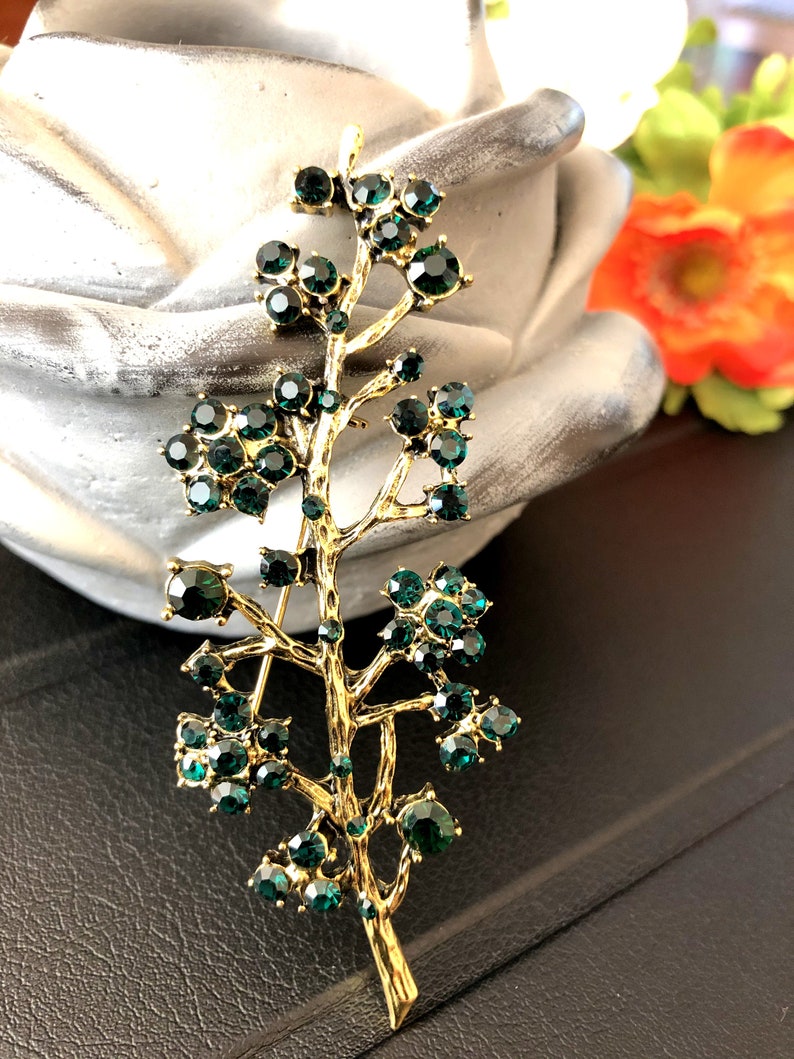 Große florale Strass Brosche, dunkel grüne Brosche, Vintage Style Schmuck, Geschenke für sie Bild 7