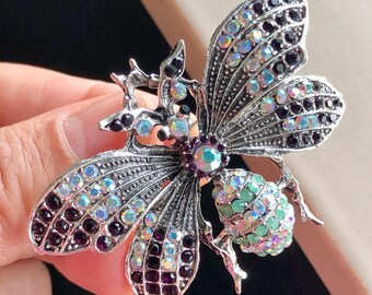 Broche Ancienne Abeille - Cabochon Sulfure Rouge, Strass, Métal Argenté Et Doré - Vintage Années 60