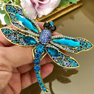 Large Crystal Dragonfly Brooch - Sparkling Blue Green Insect Pin - Unique Dragonfly Gift for Her