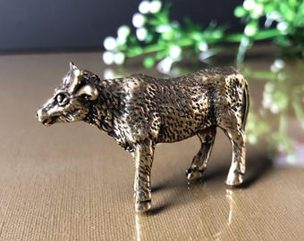 Solid Brass Cow Figurine: Miniature Farm Animal Statue