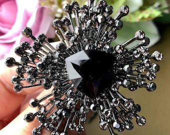 Black crystal rhinestone brooch pin, Vintage style jewelry, Gift ideas