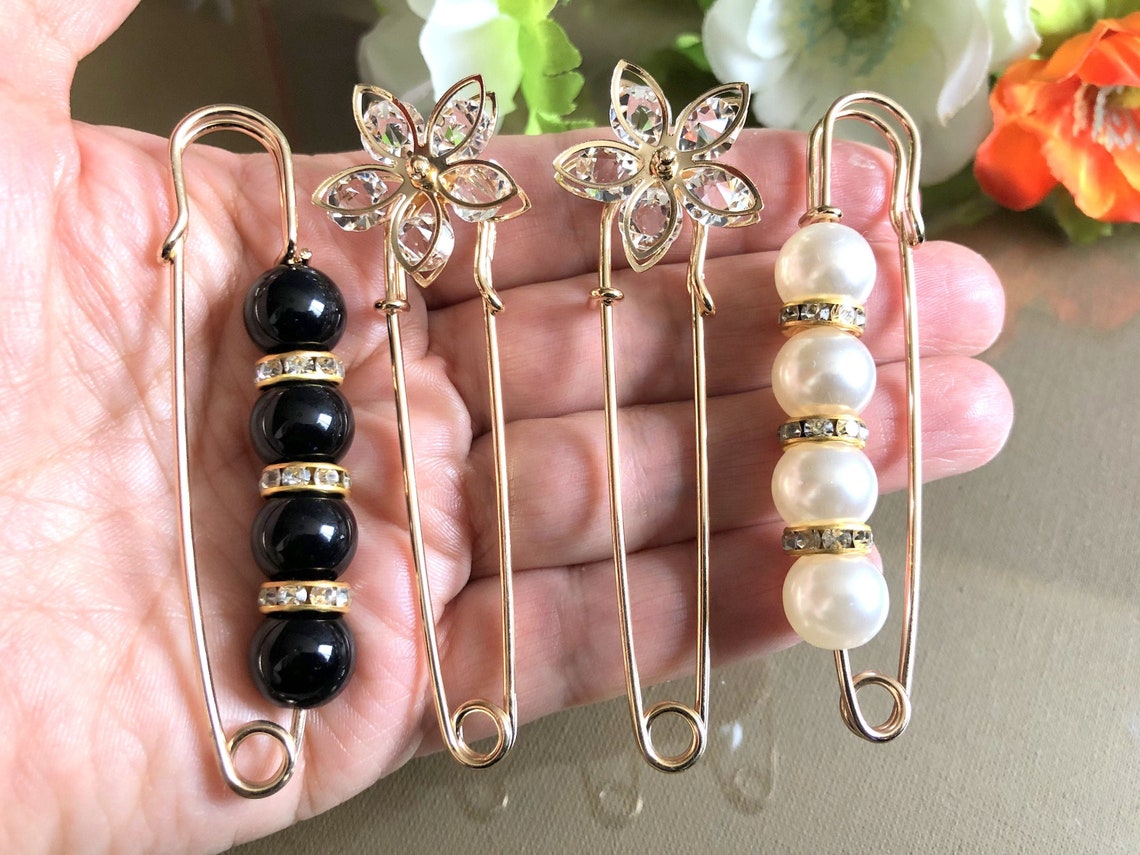Set of 4 large safety pins Pearl Brooch Pin Vintage Jewelry Etsy
