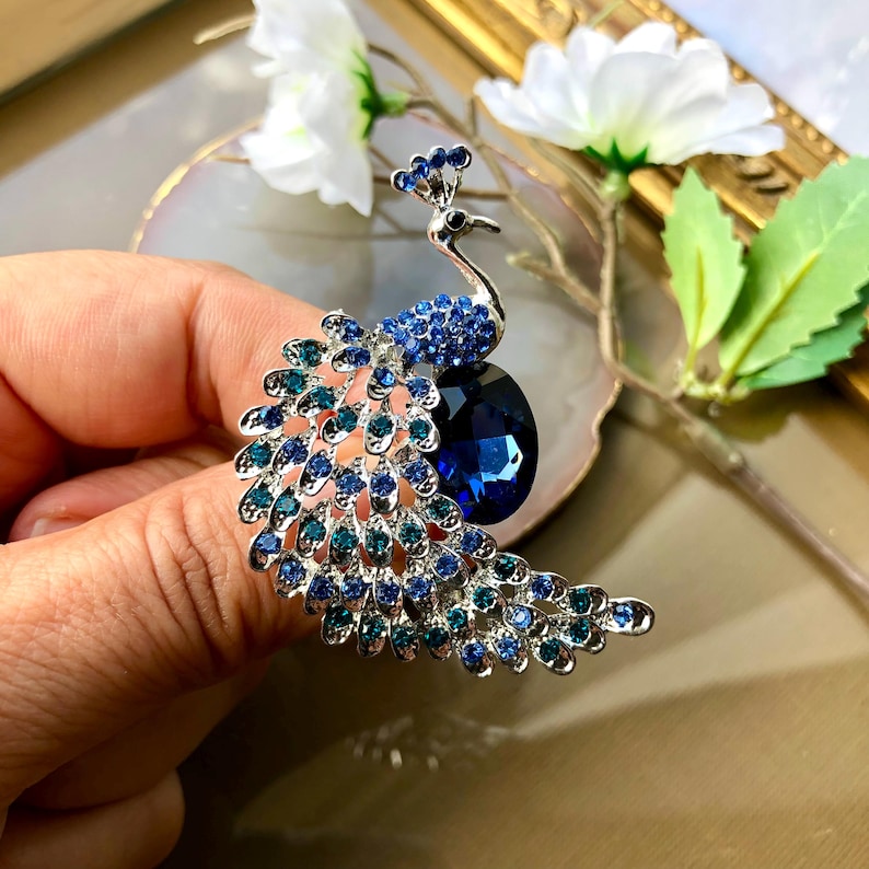Broche Paon Vintage En émail Et Strass - Plumage Bleu, Vert, Rouge - Doré