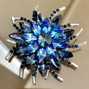 Large Crystal Rhinestone Brooch Pin | Blue Vintage Style Jewelry | Elegant Gift for Her