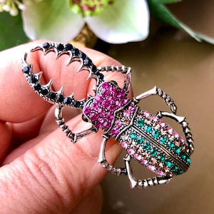 Beetle Bug Brooch, Crystal Bug Brooch, Insect Brooch, Pink Beetle Brooch, Scarab Brooch, Large Beetle Brooch, Scarab Jewelry, Beetle Gift