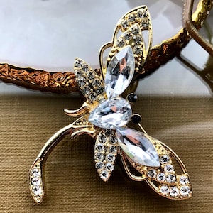Crystal Rhinestone Dragonfly Brooch, Elegant Jacket Jewelry, Sparkly Insect Pin, Gift for Her, Anniversary Gift Idea