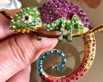 Chameleon Large Brooch Pin or Pendant, Chameleon  Pendant, Reptile Brooch, Chameleon Jewellery, Rhineston Chameleon Brooch