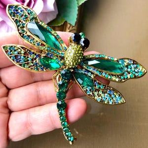 Large Crystal Dragonfly Brooch - Sparkling Green Insect Pin - Unique Dragonfly Gift for Her
