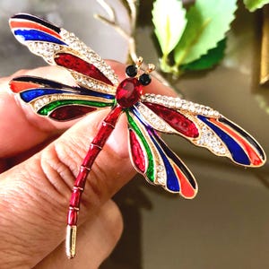 Elegant Red Blue Dragonfly Brooch Pin | Insect Art Pin | Dragonfly Jewelry | Nature Lover Gift