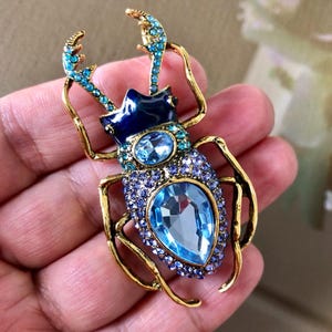 Beetle Bug Brooch, Crystal Bug Brooch, Insect Brooch, Blue Beetle Brooch, Large Beetle Brooch, Scarab Jewelry, Beetle Pin
