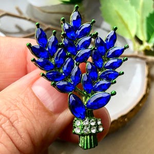 Blue Crystal Rhinestone Bouquet Brooch | Vintage Style Floral Pin for Women | Small Lapel Jacket Jewelry Gift for Her