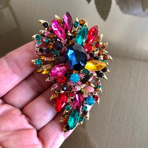 Broche grande de pedrería de cristal, broche Kleurrijke, joyería de estilo vintage, regalos para ella imagen 4